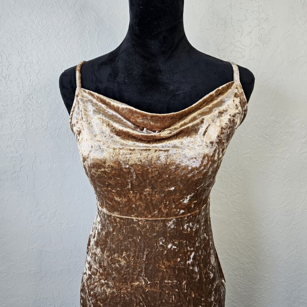 Vtg Y2K Forever 21 Crushed Velvet Midi Dress Tan Sz Med fairycore - Picture 3 of 12